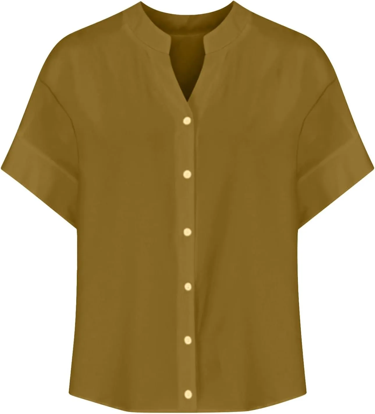 Linen Shirts for Women 2025 Summer Simple Solid Print Button Down V Neck Short Sleeve Blouses Comfy Womens Cotton Tops