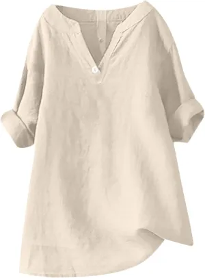Linen Shirts for Women Summer 2025 Womens Shirt Solid 3/4 Sleeve Tunic Tops Oversized Tshirts Casual V Neck Dressy Blouses