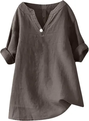 Linen Shirts for Women Summer 2025 Womens Shirt Solid 3/4 Sleeve Tunic Tops Oversized Tshirts Casual V Neck Dressy Blouses
