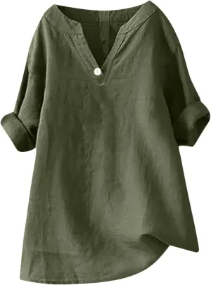 Linen Shirts for Women Summer 2025 Womens Shirt Solid 3/4 Sleeve Tunic Tops Oversized Tshirts Casual V Neck Dressy Blouses