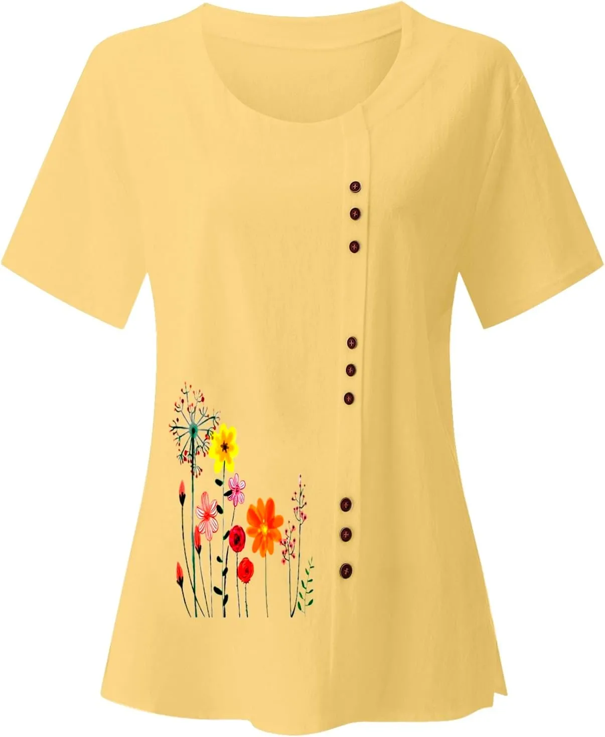 Linen Shirts for Women Summer Casual Loose Fit Tops Floral Printed Crew Neck Buttons Short Sleeve Trendy Blouses