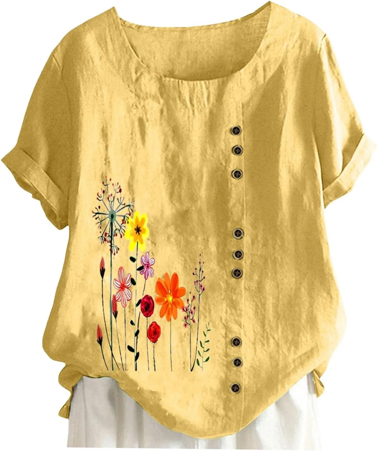 Linen Shirts for Women Summer Casual Loose Fit Tops Floral Printed Crew Neck Buttons Short Sleeve Trendy Blouses