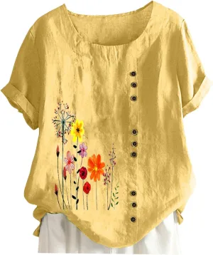 Linen Shirts for Women Summer Casual Loose Fit Tops Floral Printed Crew Neck Buttons Short Sleeve Trendy Blouses