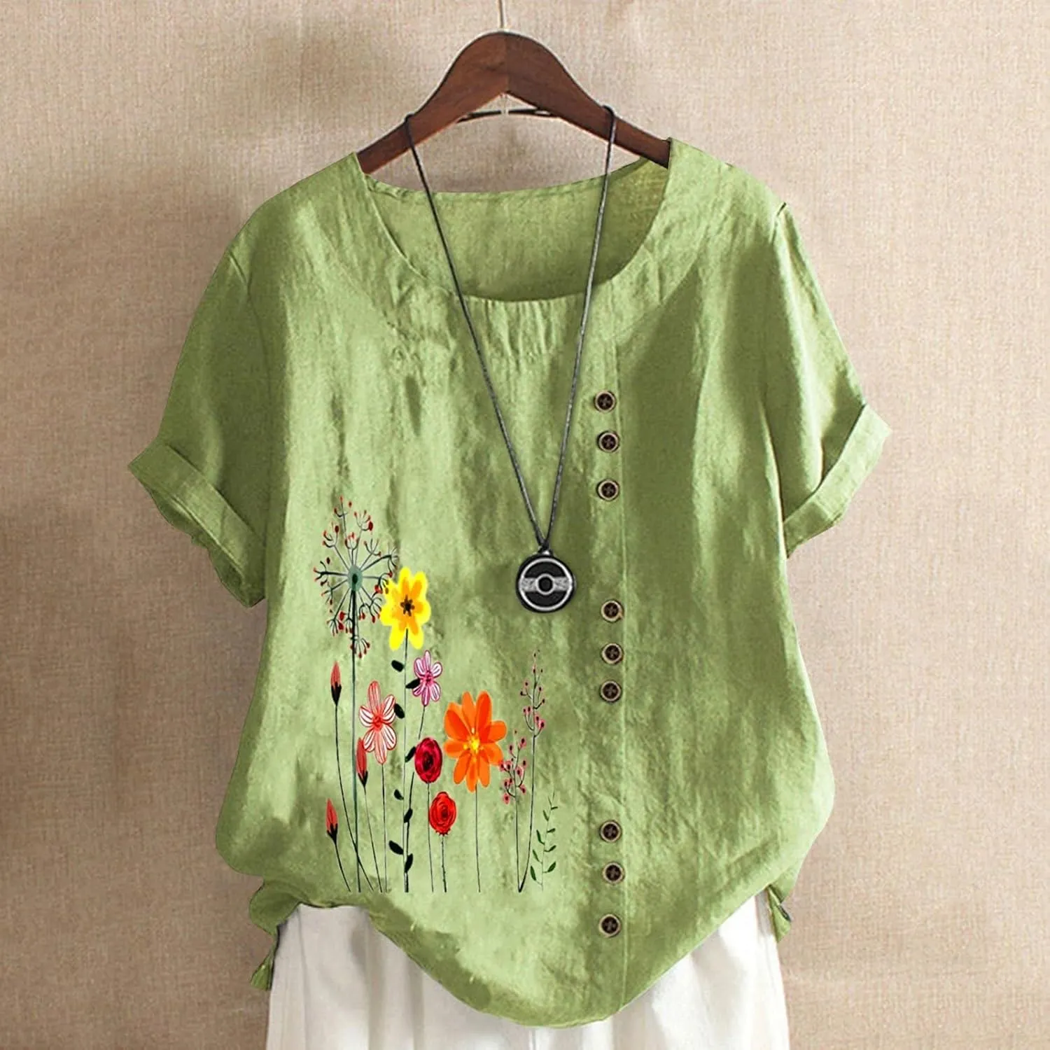 Linen Shirts for Women Summer Casual Loose Fit Tops Floral Printed Crew Neck Buttons Short Sleeve Trendy Blouses