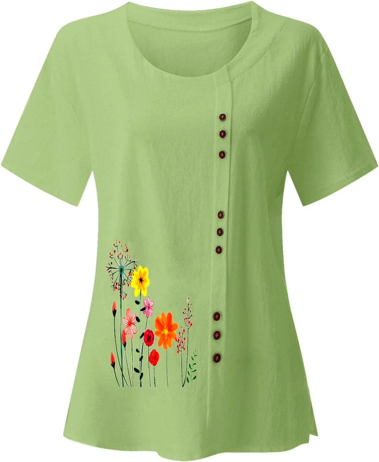 Linen Shirts for Women Summer Casual Loose Fit Tops Floral Printed Crew Neck Buttons Short Sleeve Trendy Blouses