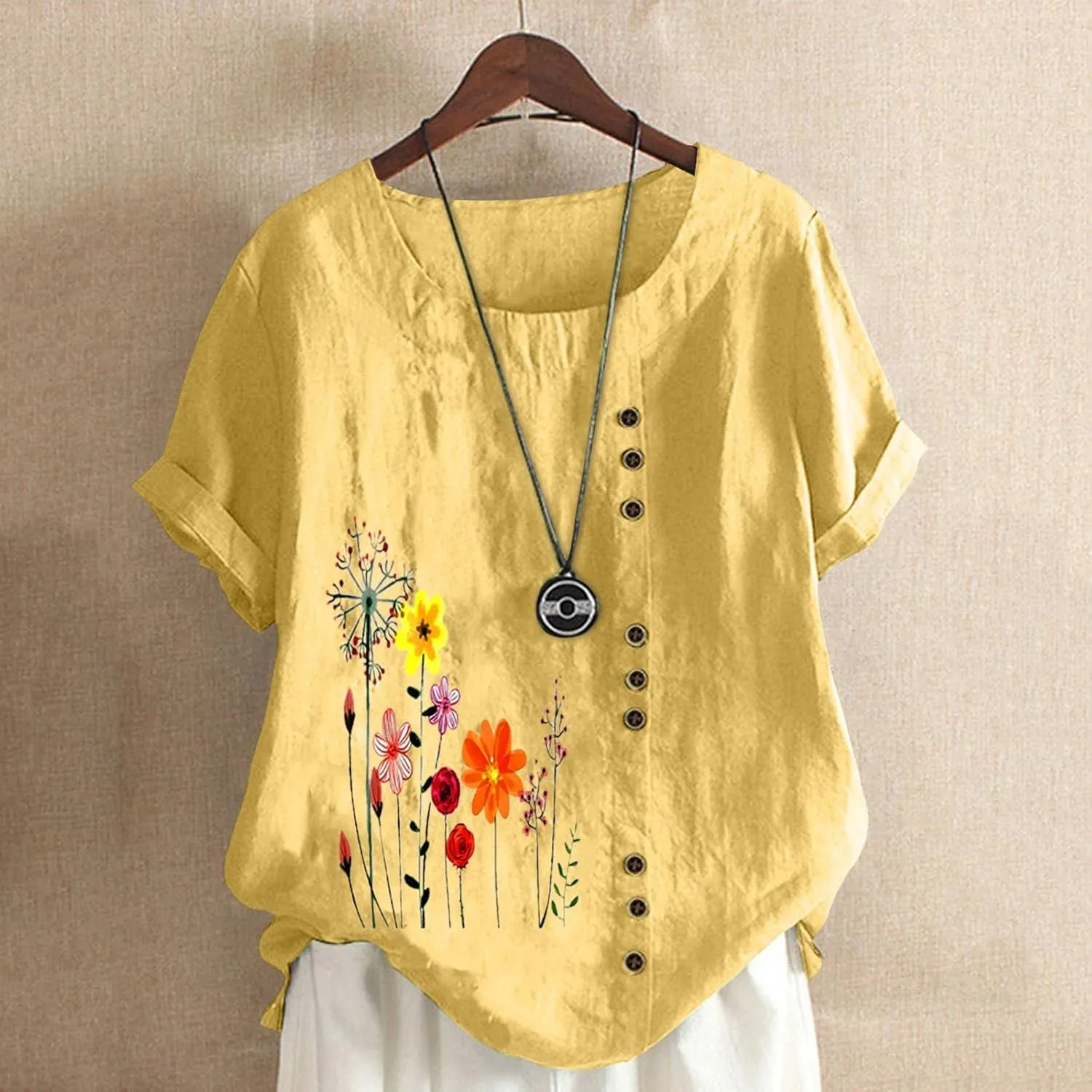Linen Shirts for Women Summer Casual Loose Fit Tops Floral Printed Crew Neck Buttons Short Sleeve Trendy Blouses
