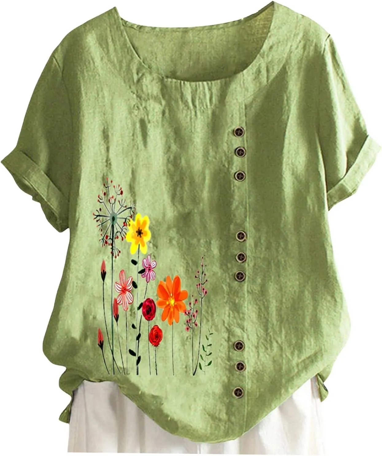Linen Shirts for Women Summer Casual Loose Fit Tops Floral Printed Crew Neck Buttons Short Sleeve Trendy Blouses