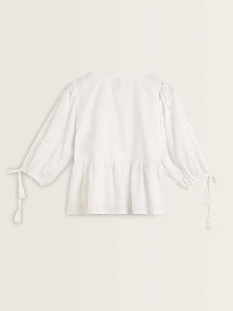 LOV White Floral Embroidered Cotton Peplum Blouse