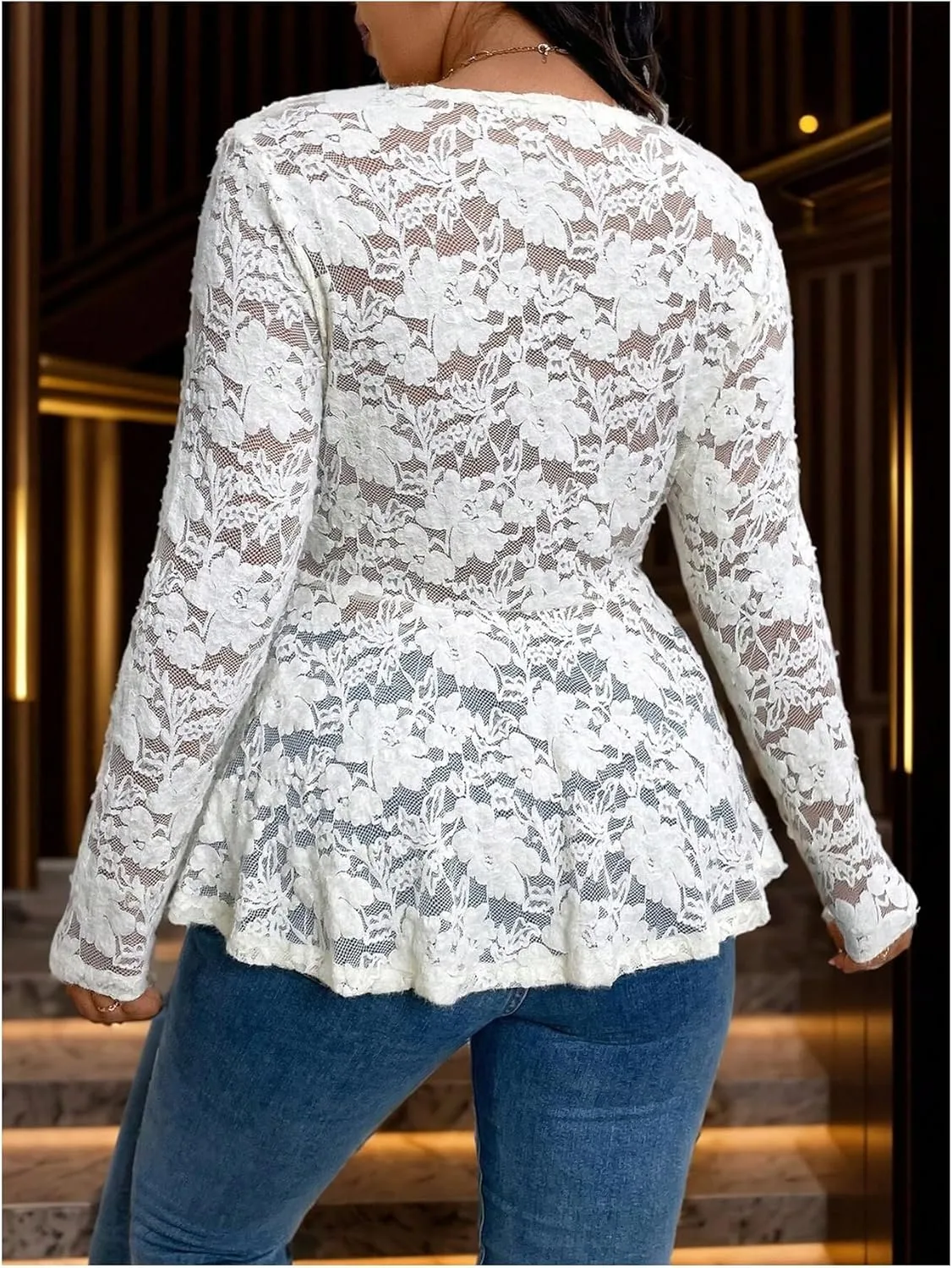 MakeMeChic Women's Plus Size Blouse Floral Lace V Neck Long Sleeve Babydoll Peplum Tops