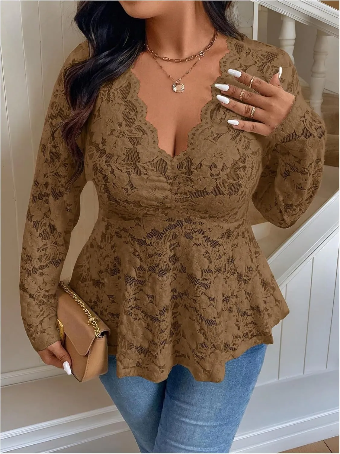 MakeMeChic Women's Plus Size Blouse Floral Lace V Neck Long Sleeve Babydoll Peplum Tops