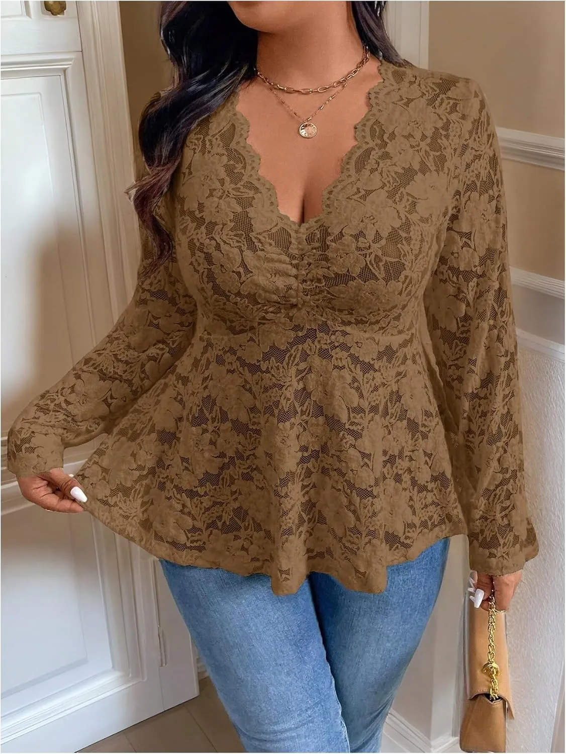 MakeMeChic Women's Plus Size Blouse Floral Lace V Neck Long Sleeve Babydoll Peplum Tops