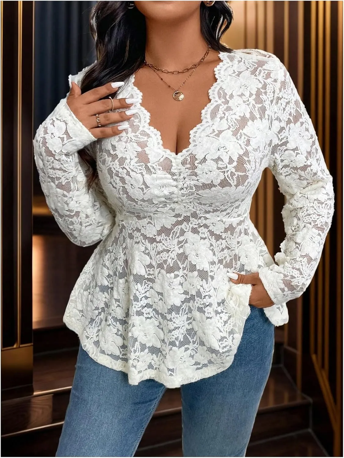 MakeMeChic Women's Plus Size Blouse Floral Lace V Neck Long Sleeve Babydoll Peplum Tops