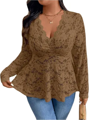 MakeMeChic Women's Plus Size Blouse Floral Lace V Neck Long Sleeve Babydoll Peplum Tops