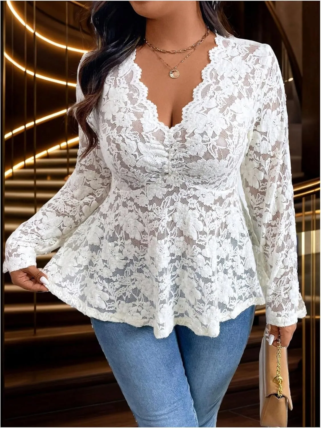 MakeMeChic Women's Plus Size Blouse Floral Lace V Neck Long Sleeve Babydoll Peplum Tops