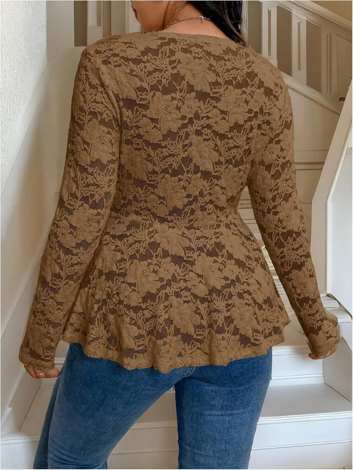 MakeMeChic Women's Plus Size Blouse Floral Lace V Neck Long Sleeve Babydoll Peplum Tops