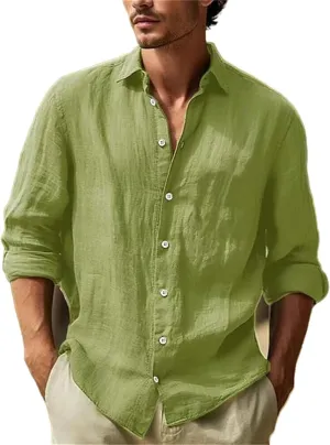 Mens Casual Long Sleeve Cotton Linen Shirts Fashion Summer Tops Holiday Beach Button Down Tshirt