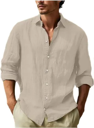 Mens Casual Long Sleeve Cotton Linen Shirts Fashion Summer Tops Holiday Beach Button Down Tshirt