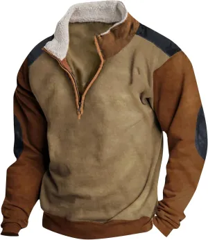 Men's Gifts Ideas Retro Quarter Zip Patchwork Sweatshirts Long Sleeve Pullover With Fleece Collar Sweater, M-5XL