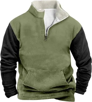Men's Gifts Ideas Retro Quarter Zip Patchwork Sweatshirts Long Sleeve Pullover With Fleece Collar Sweater, M-5XL
