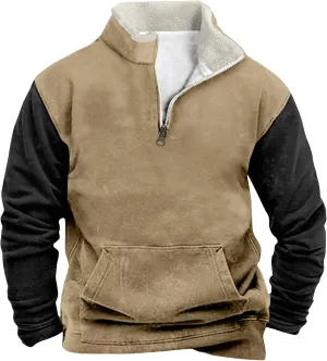 Men's Gifts Ideas Retro Quarter Zip Patchwork Sweatshirts Long Sleeve Pullover With Fleece Collar Sweater, M-5XL