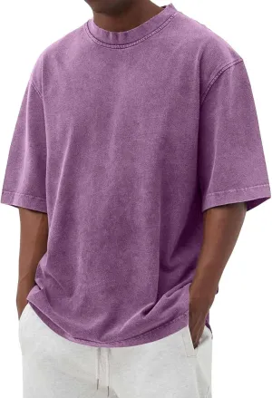 Mens Short Sleeve Crewneck Oversized T Shirt Heavy Cotton Summer T-Shirts American Vintage Washed Distressed Tee Tops
