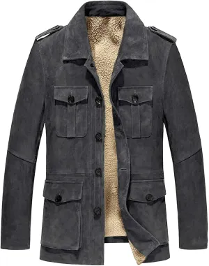 Men's Vintage Suede Jacket Winter Warm Sherpa Fleece Lined Jackets Retro Fashion Button Up Motorcycle Outerwear Coats