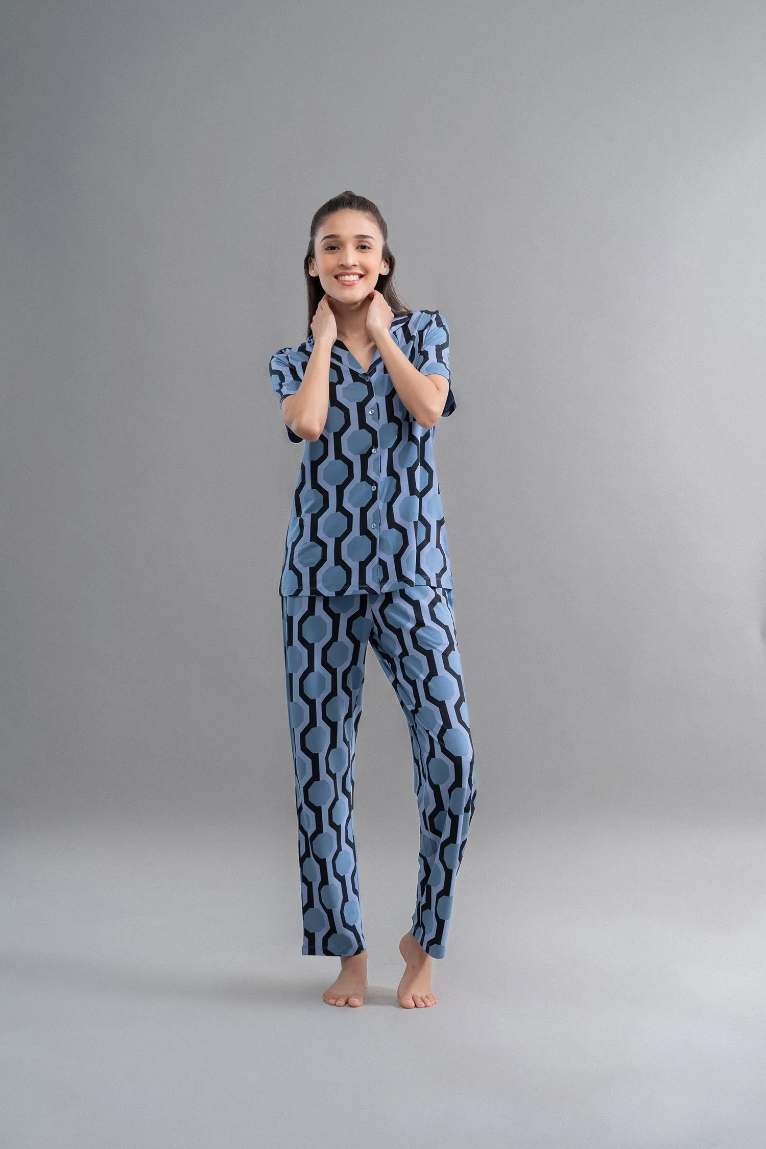 Midnight Blue Geometric Modal Button Down Half Sleeve Shirt