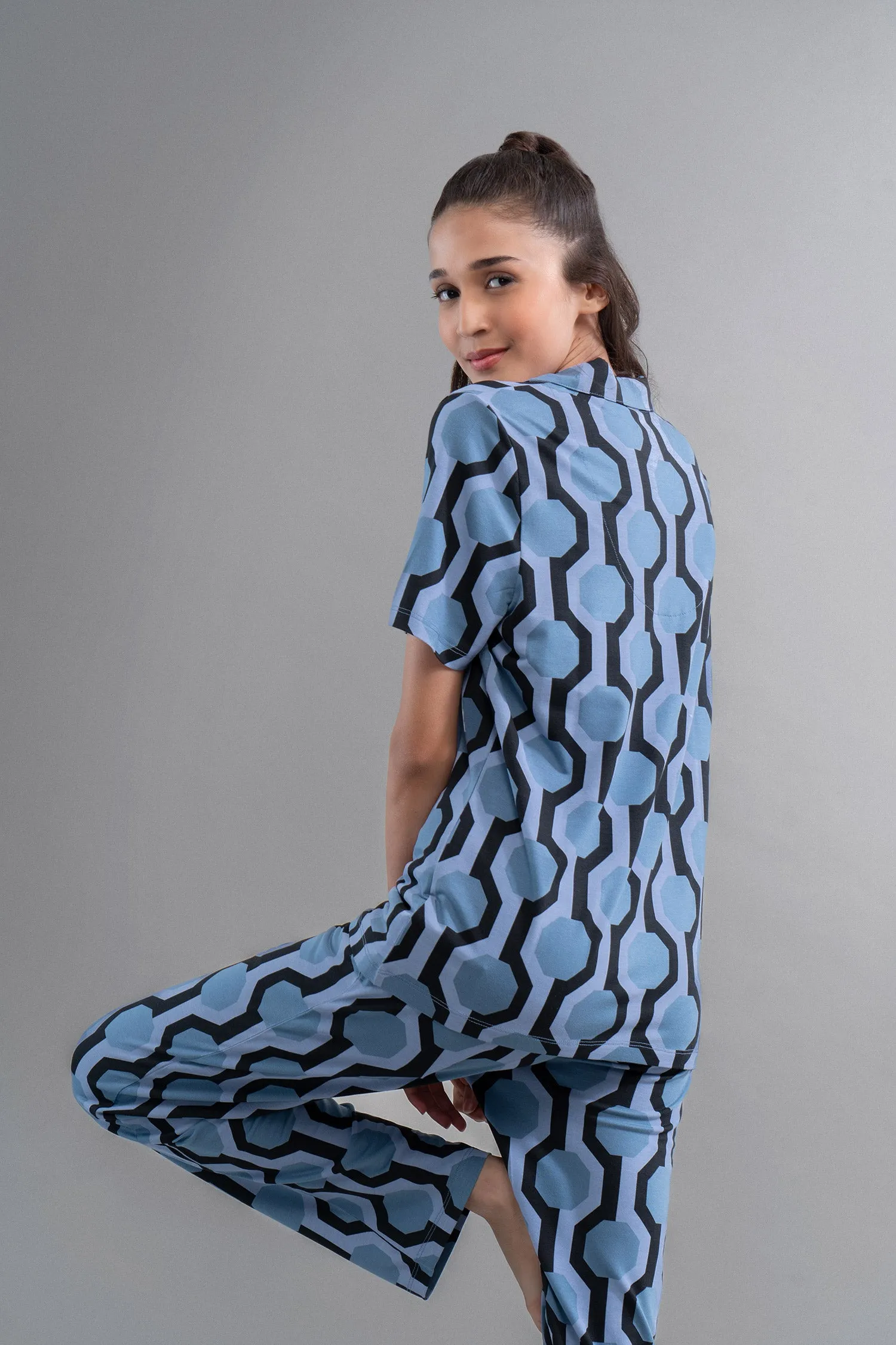 Midnight Blue Geometric Modal Button Down Half Sleeve Shirt