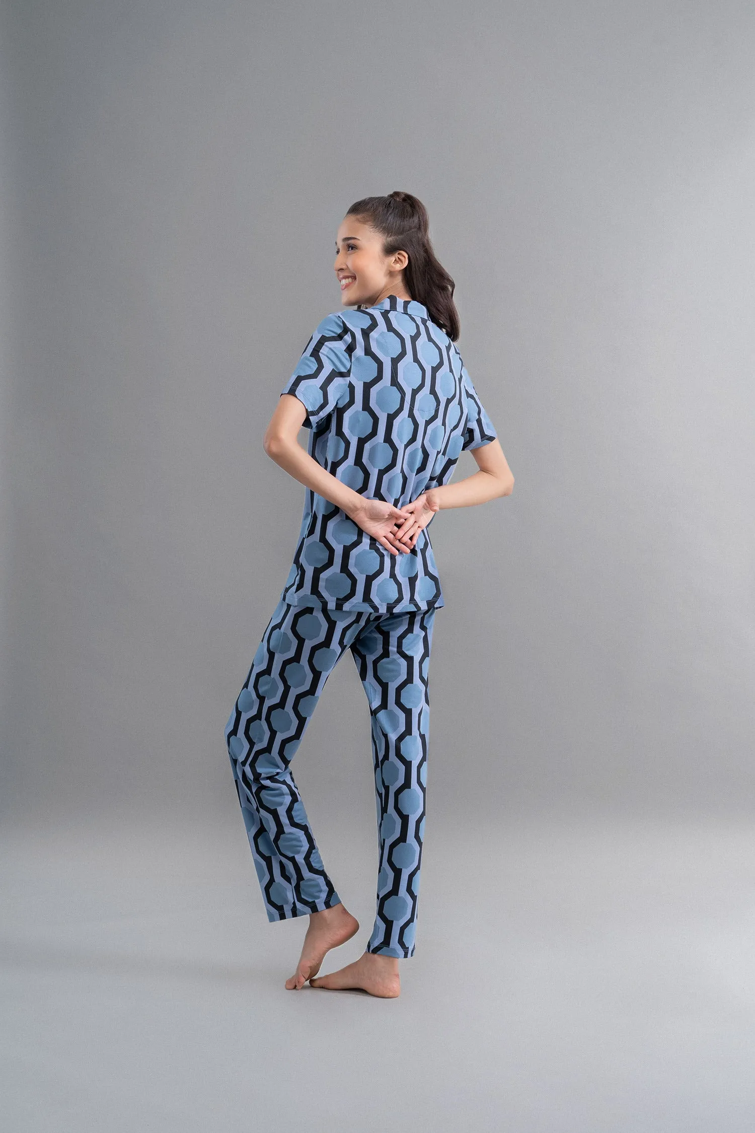 Midnight Blue Geometric Modal Button Down Half Sleeve Shirt