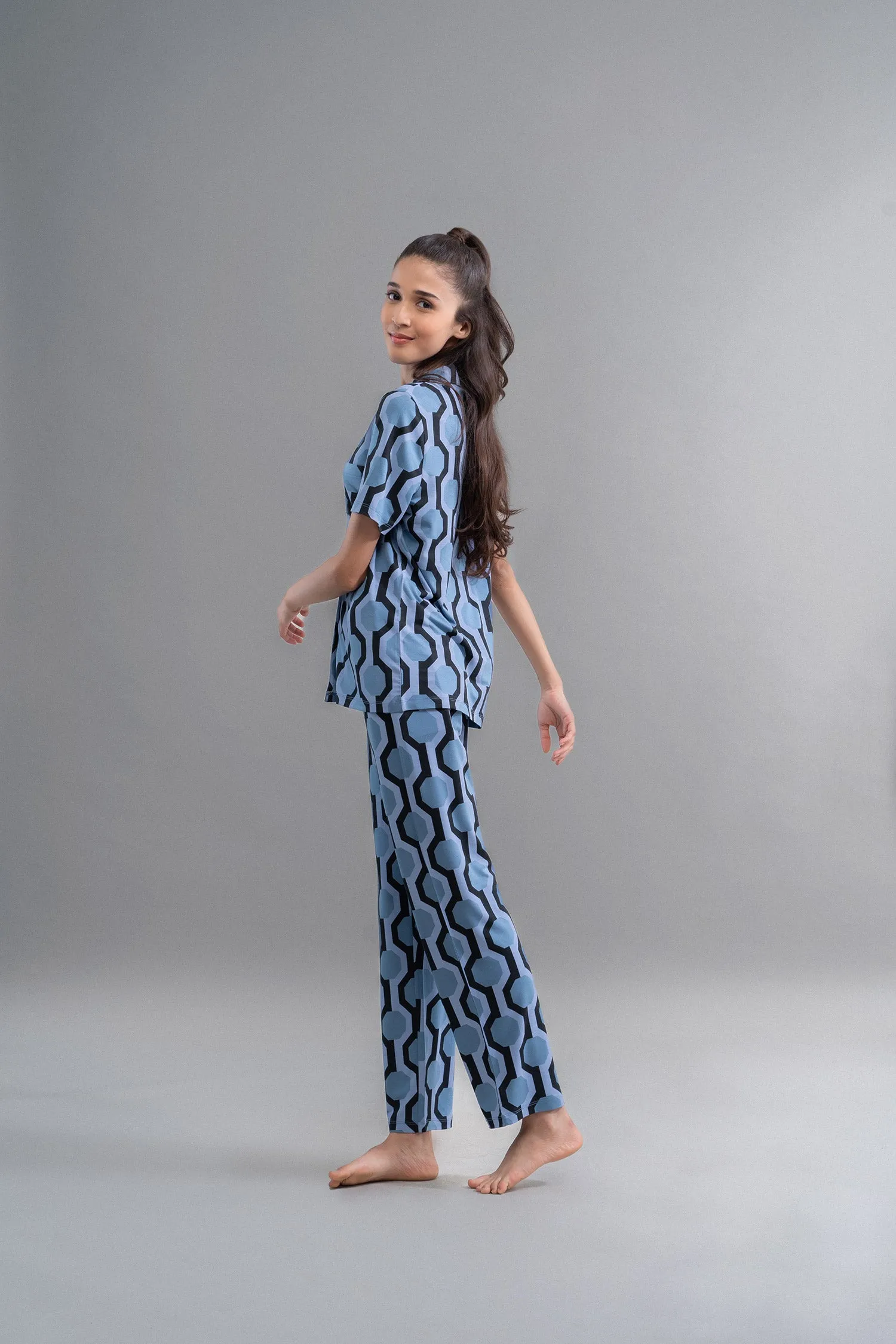 Midnight Blue Geometric Modal Button Down Half Sleeve Shirt