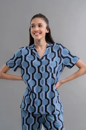 Midnight Blue Geometric Modal Button Down Half Sleeve Shirt
