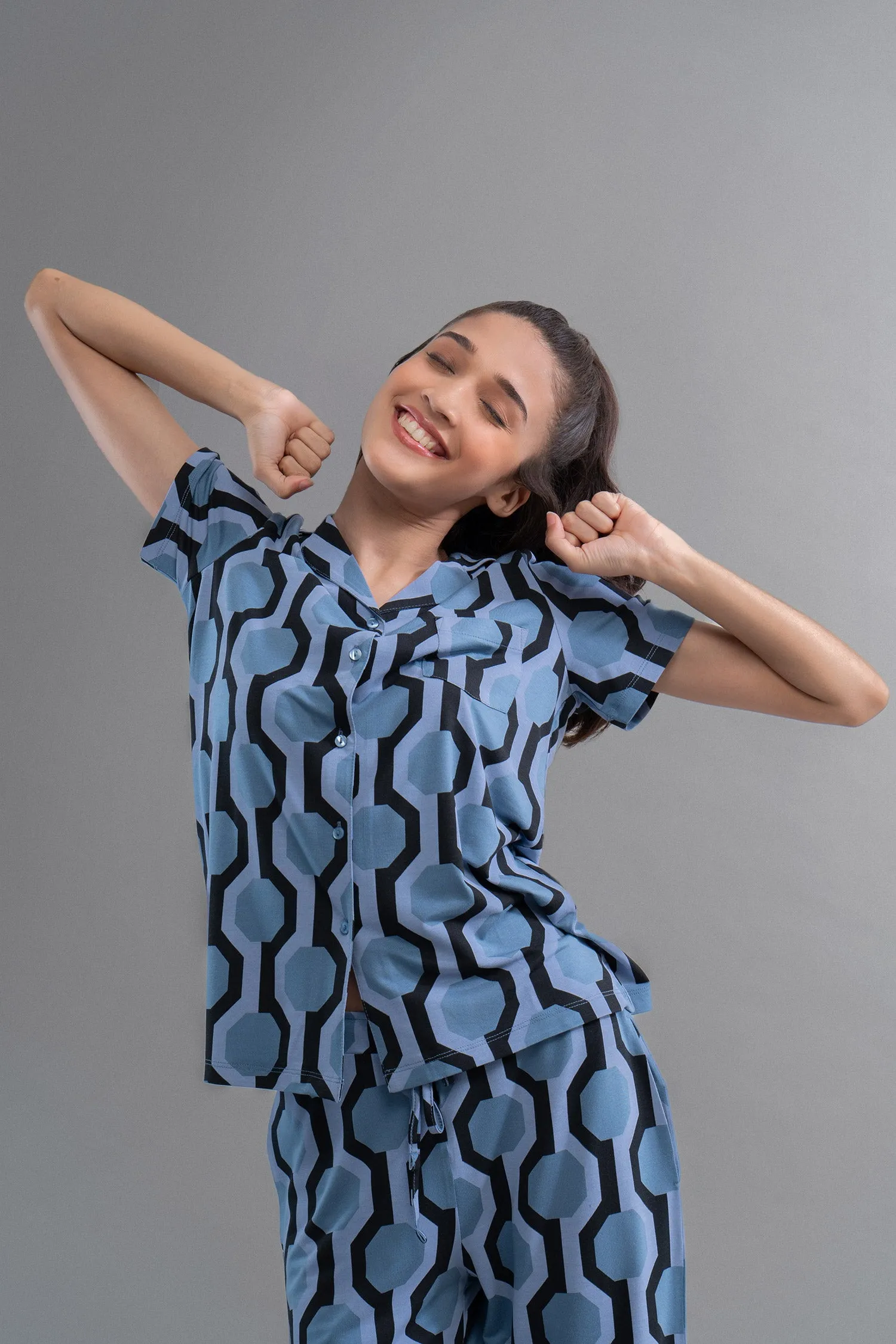 Midnight Blue Geometric Modal Button Down Half Sleeve Shirt