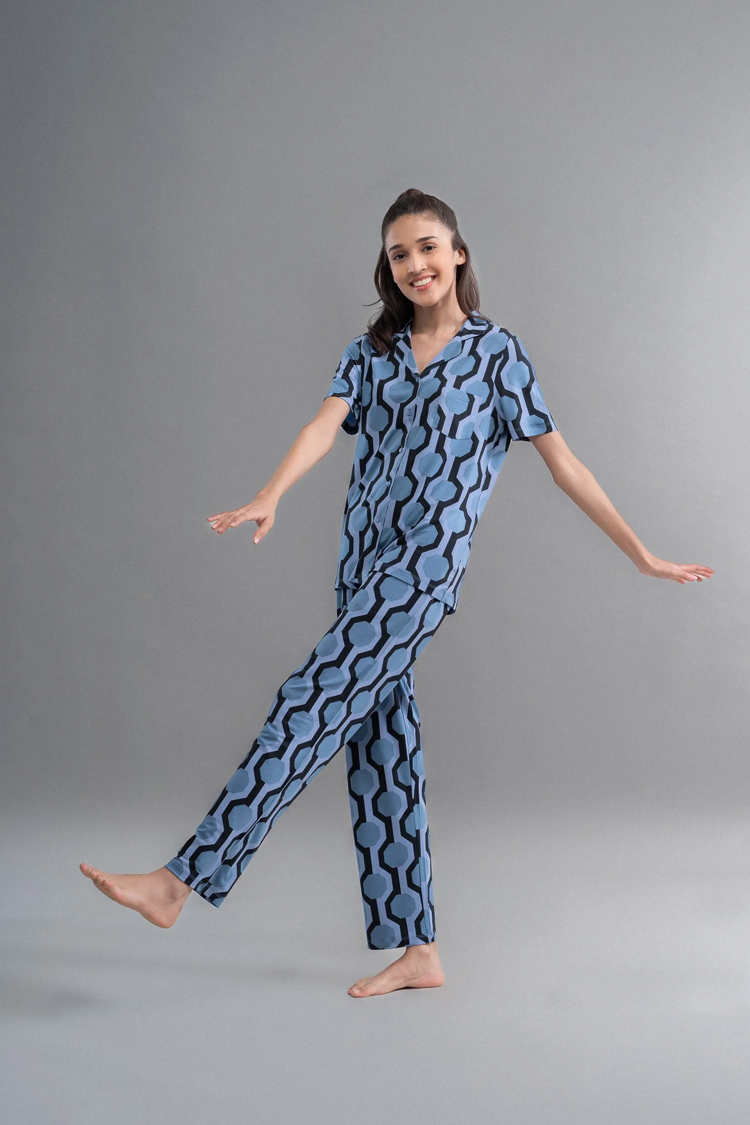 Midnight Blue Geometric Modal Button Down Half Sleeve Shirt