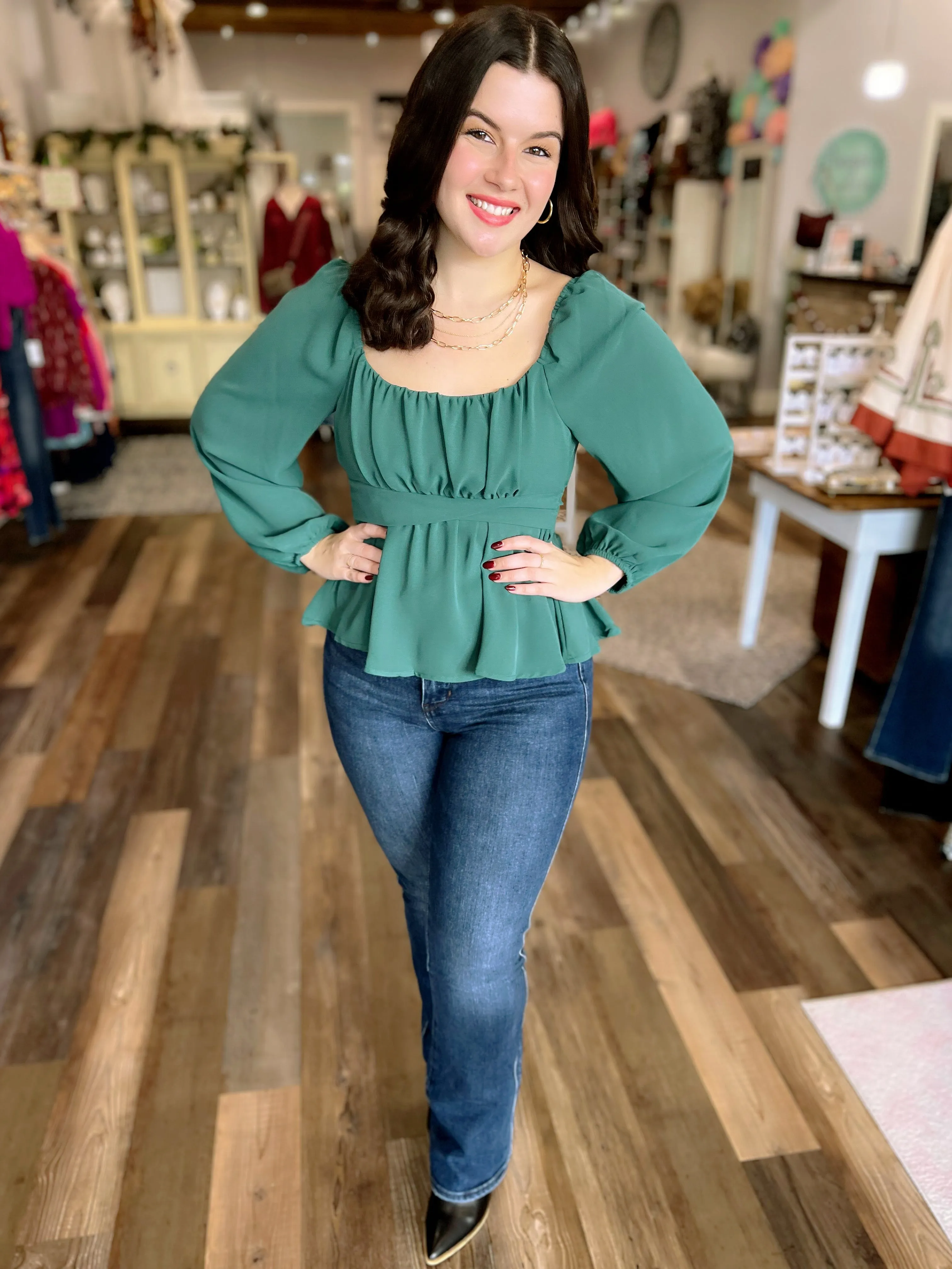 Peplum Tie Back Top in Hunter Green