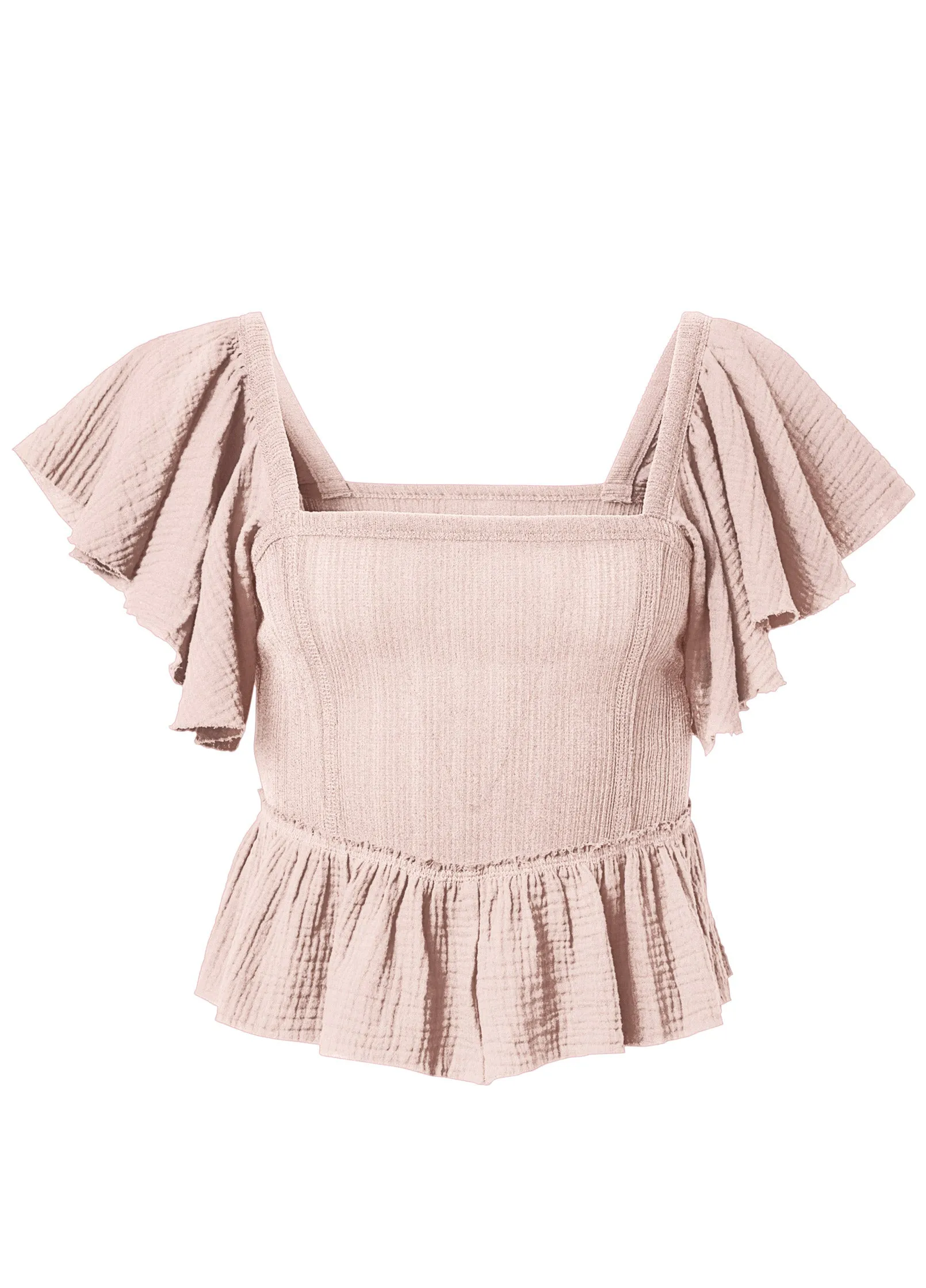 Raw Edge Peplum Crop Top - Peach