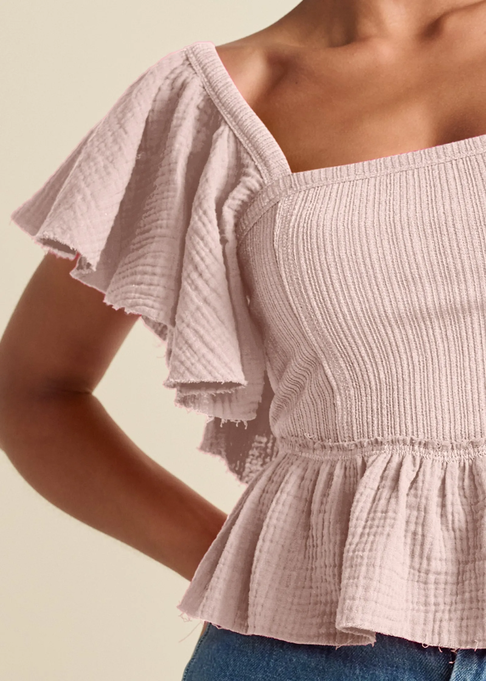 Raw Edge Peplum Crop Top - Peach