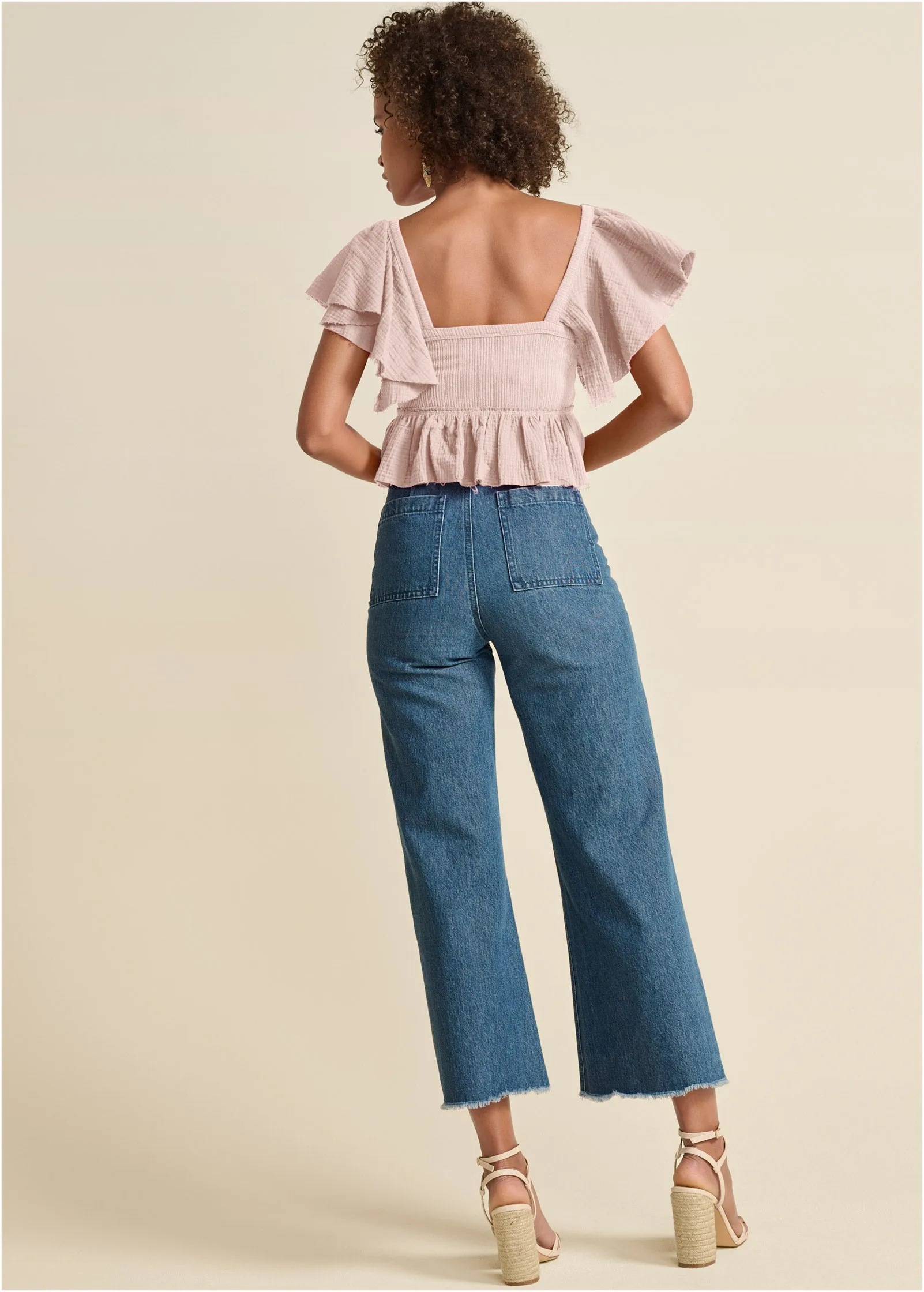 Raw Edge Peplum Crop Top - Peach
