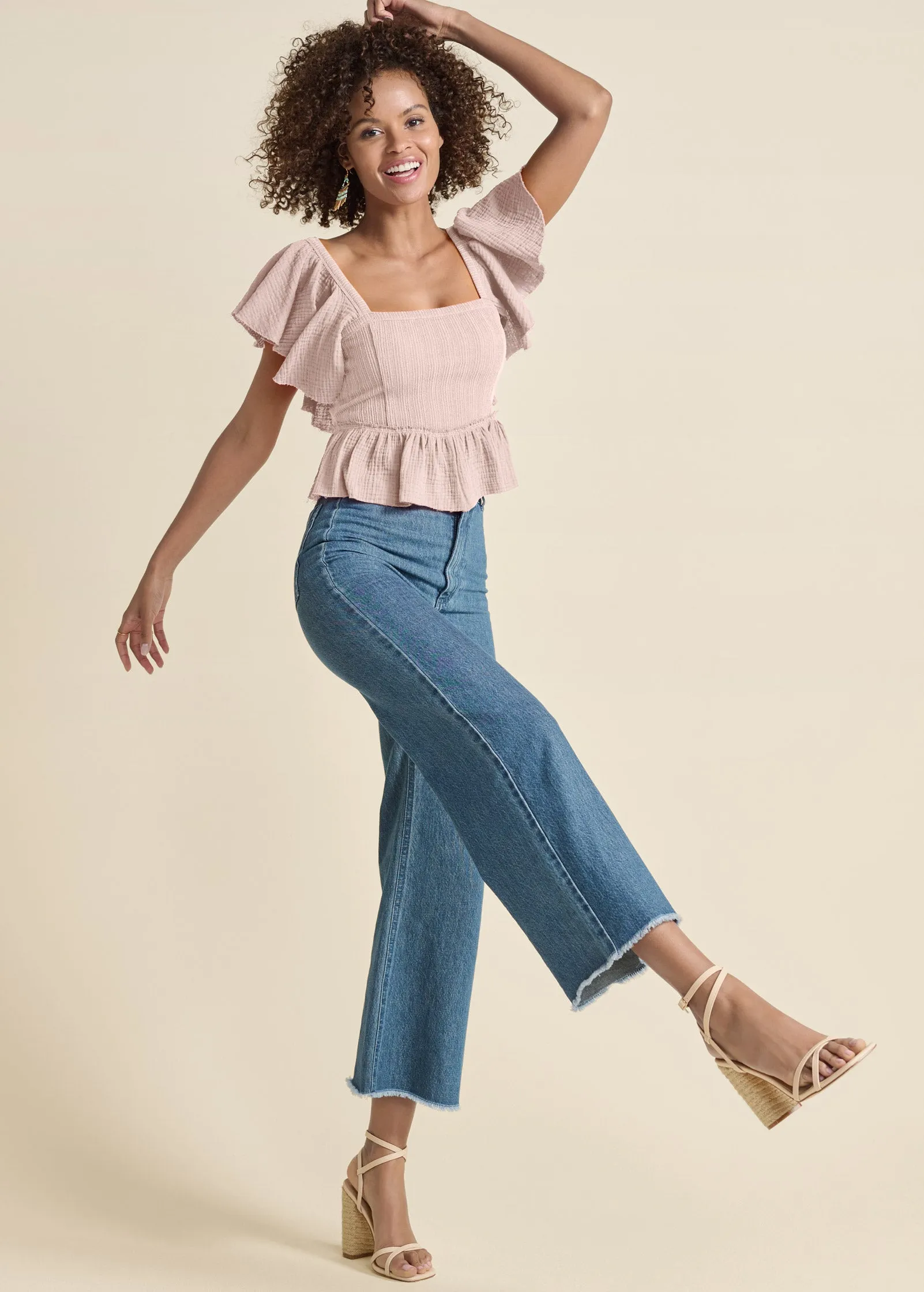 Raw Edge Peplum Crop Top - Peach