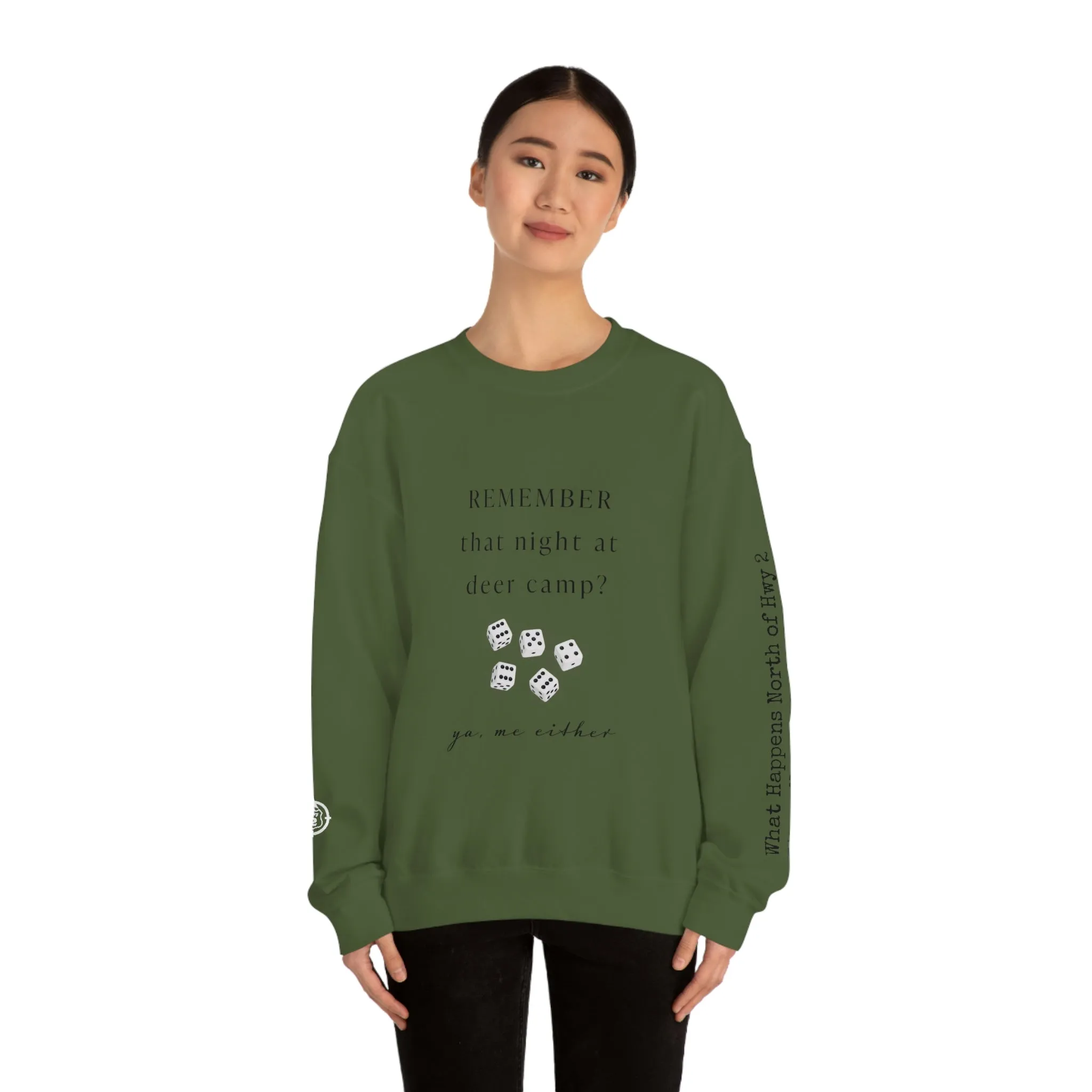 Remember That Night - Deer Camp With Dice -  North of Hwy 2 - Unisex Heavy Blend™ Crewneck Sweatshirt - Hunting Theme