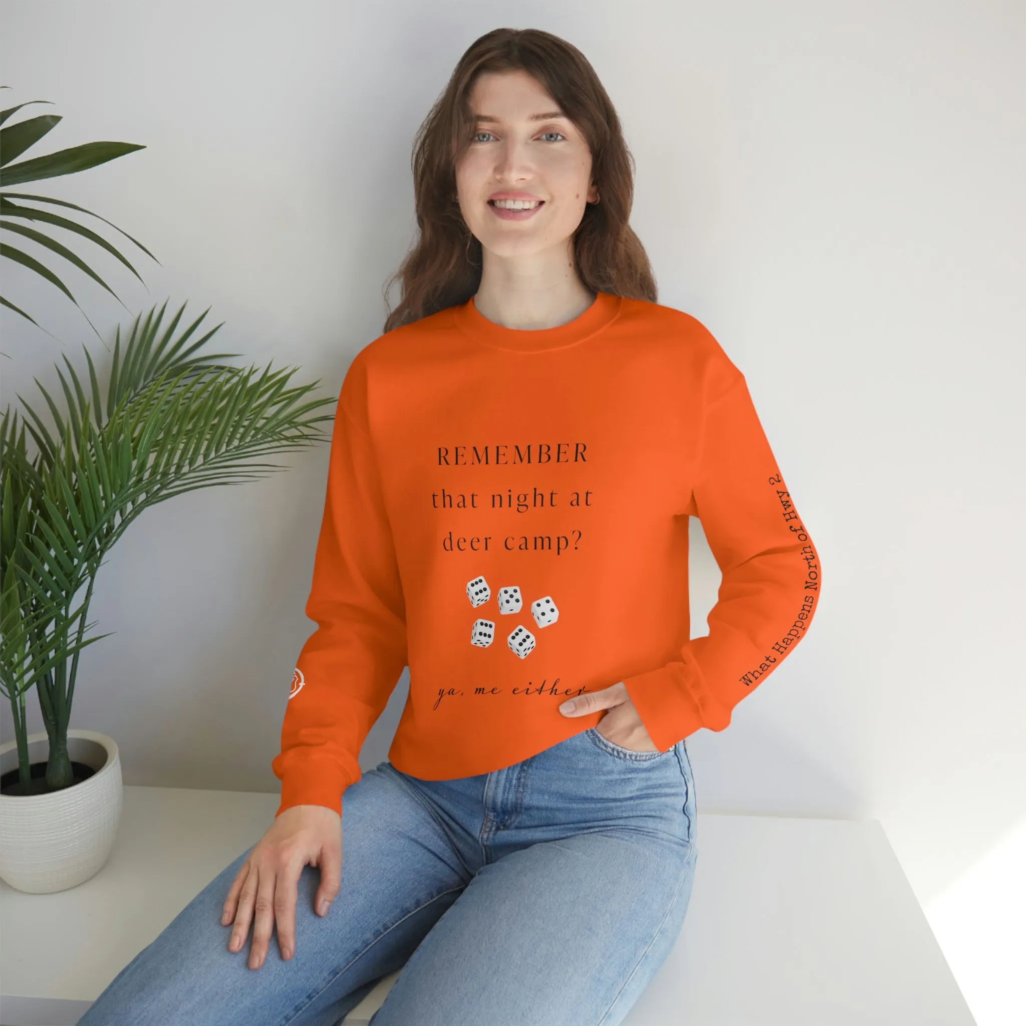 Remember That Night - Deer Camp With Dice -  North of Hwy 2 - Unisex Heavy Blend™ Crewneck Sweatshirt - Hunting Theme