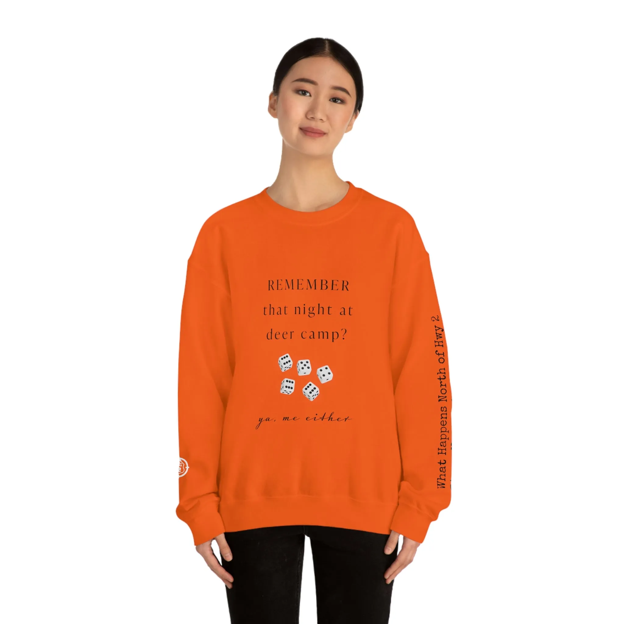 Remember That Night - Deer Camp With Dice -  North of Hwy 2 - Unisex Heavy Blend™ Crewneck Sweatshirt - Hunting Theme
