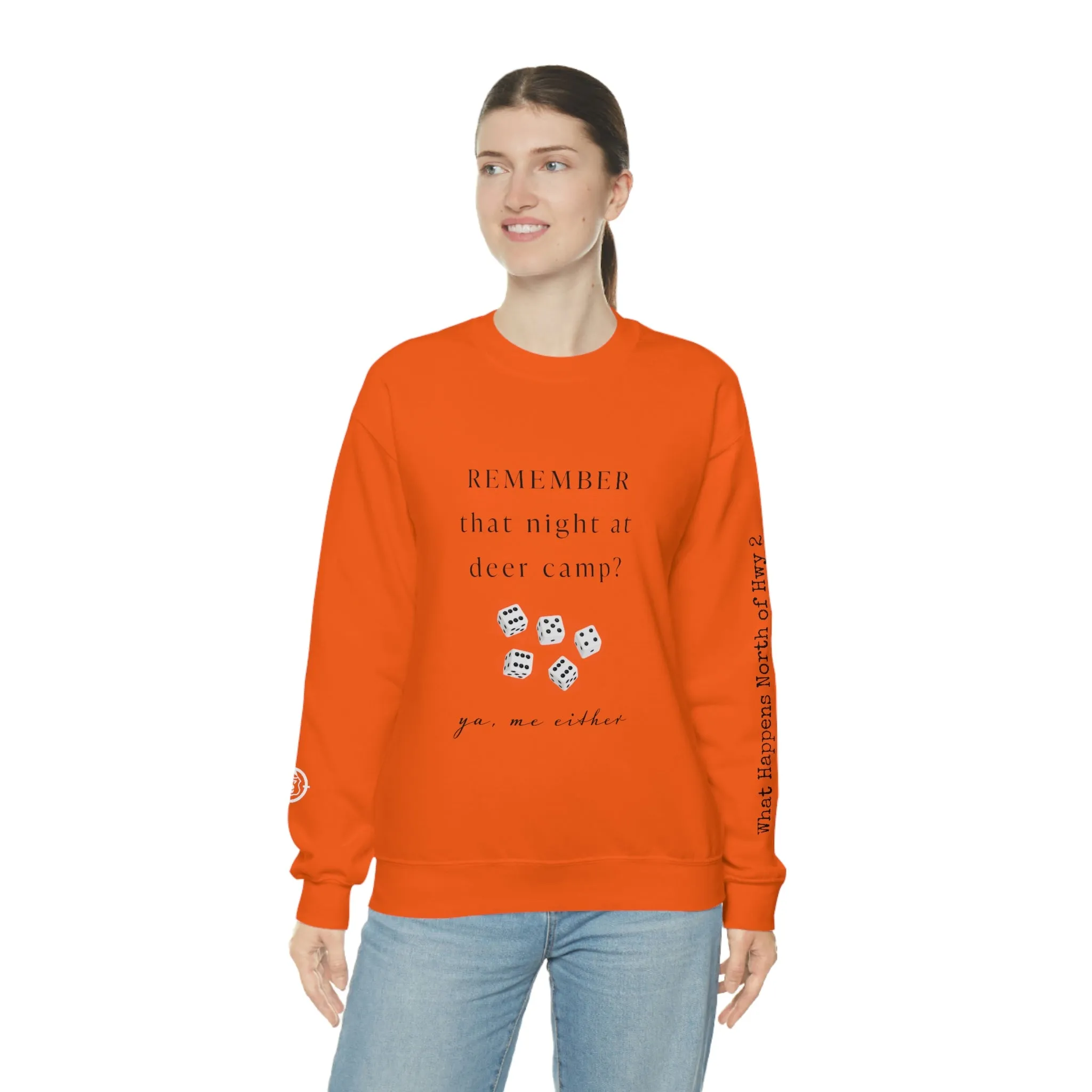 Remember That Night - Deer Camp With Dice -  North of Hwy 2 - Unisex Heavy Blend™ Crewneck Sweatshirt - Hunting Theme