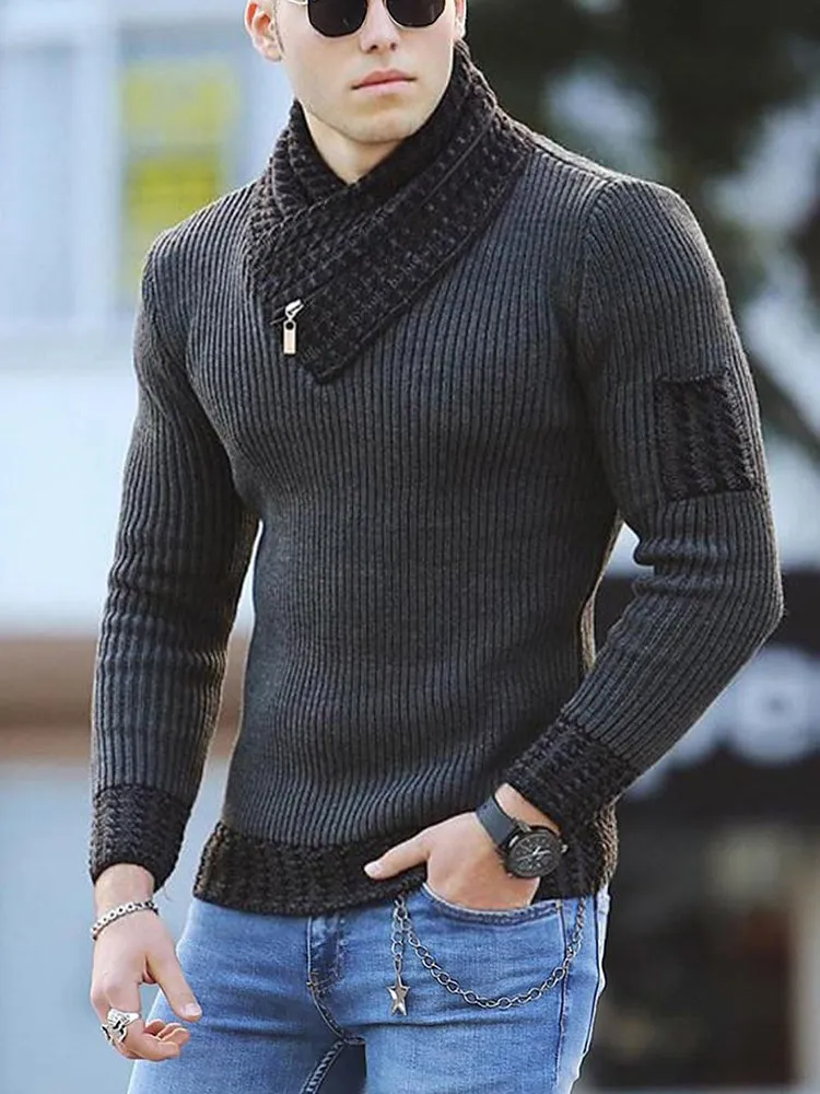 Scarf Collar Knitted Pullover Long Sleeve Patchwork Sweater