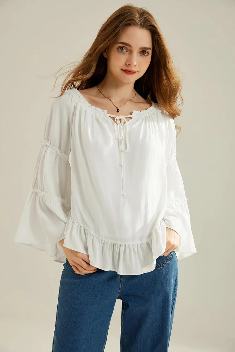 Scarlet Darkness Women Bell Sleeve Tops Ruffle Off Shoulder Casual Loose Renaissance Peasant Blouse