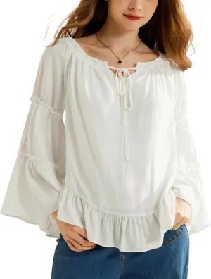 Scarlet Darkness Women Bell Sleeve Tops Ruffle Off Shoulder Casual Loose Renaissance Peasant Blouse