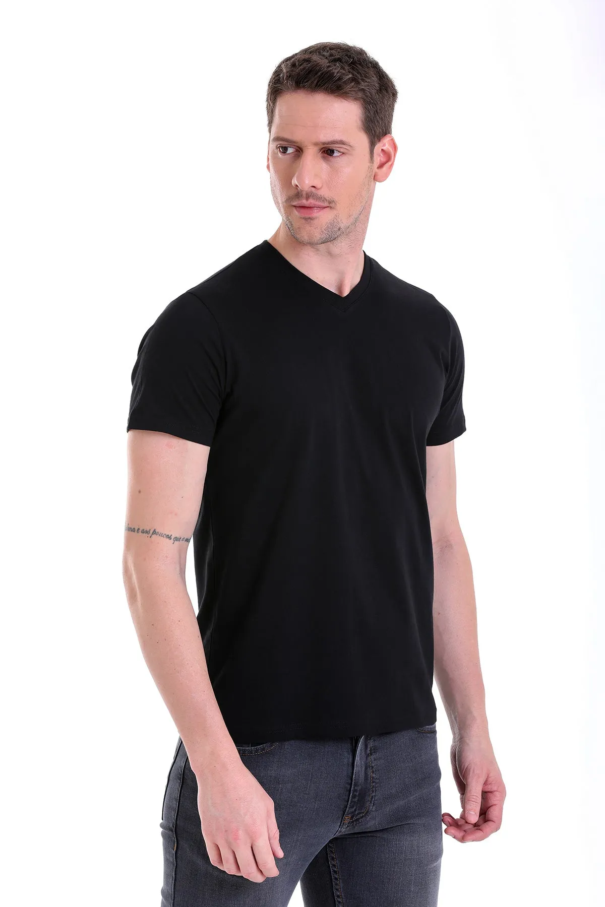 Slim Fit Basic Cotton Black V-Neck T-Shirt