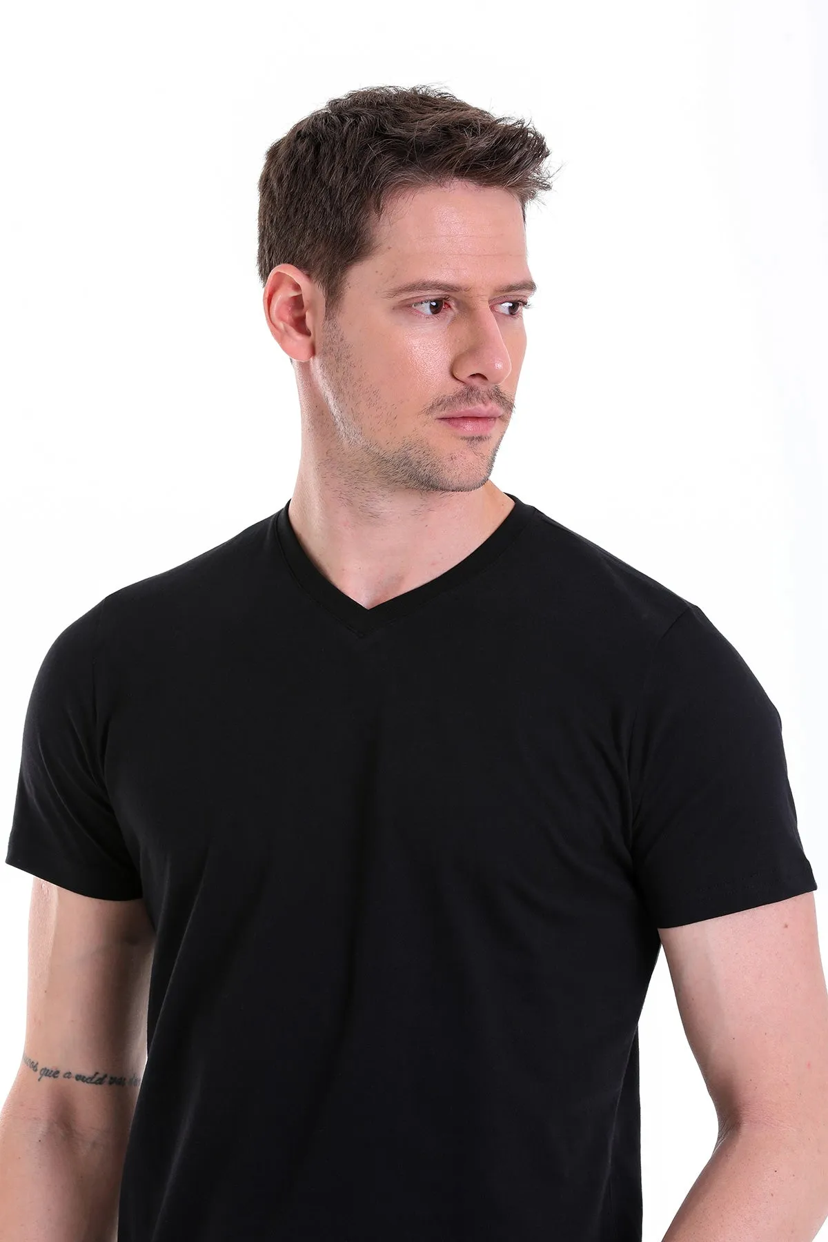 Slim Fit Basic Cotton Black V-Neck T-Shirt