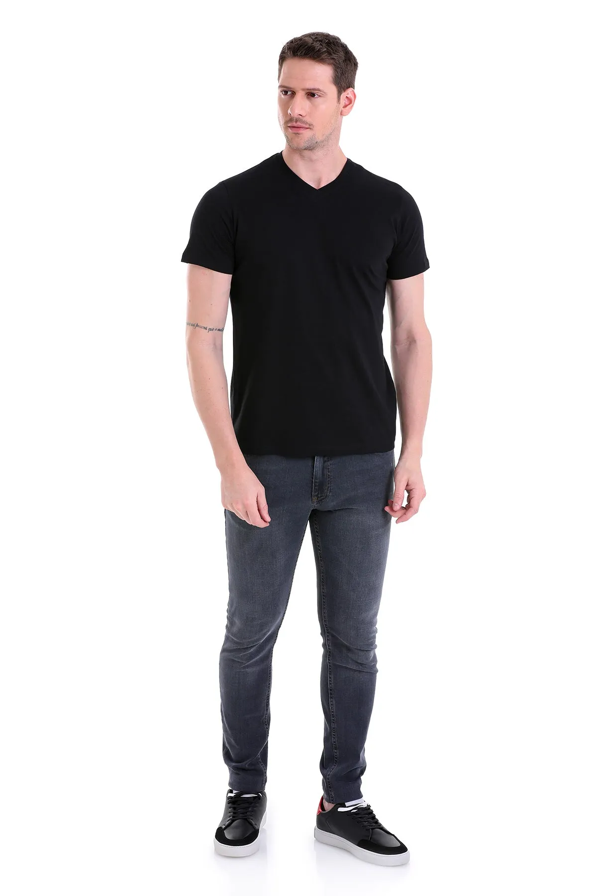 Slim Fit Basic Cotton Black V-Neck T-Shirt