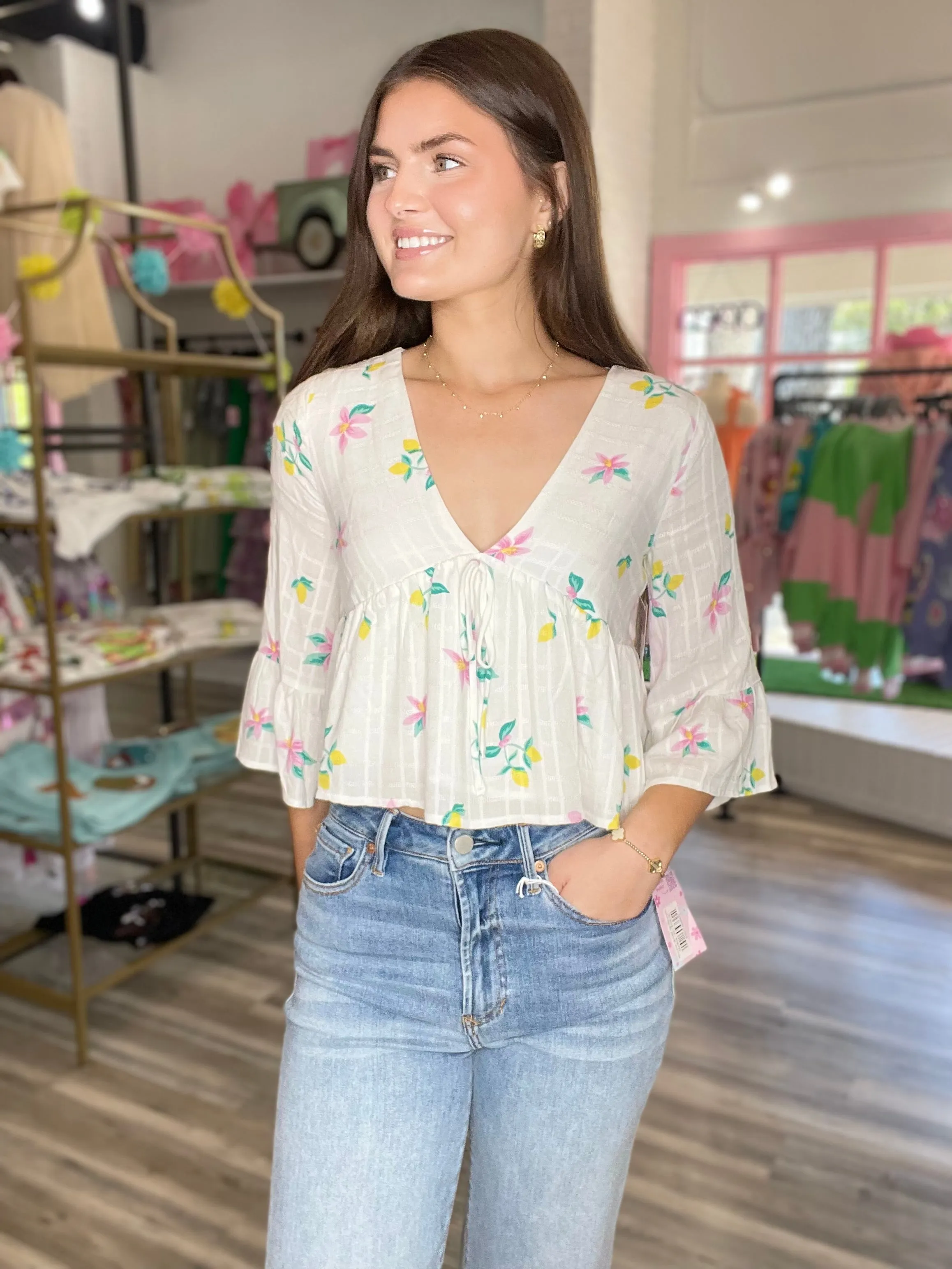 Spring Cleaning V Neck Peplum Top White Multi