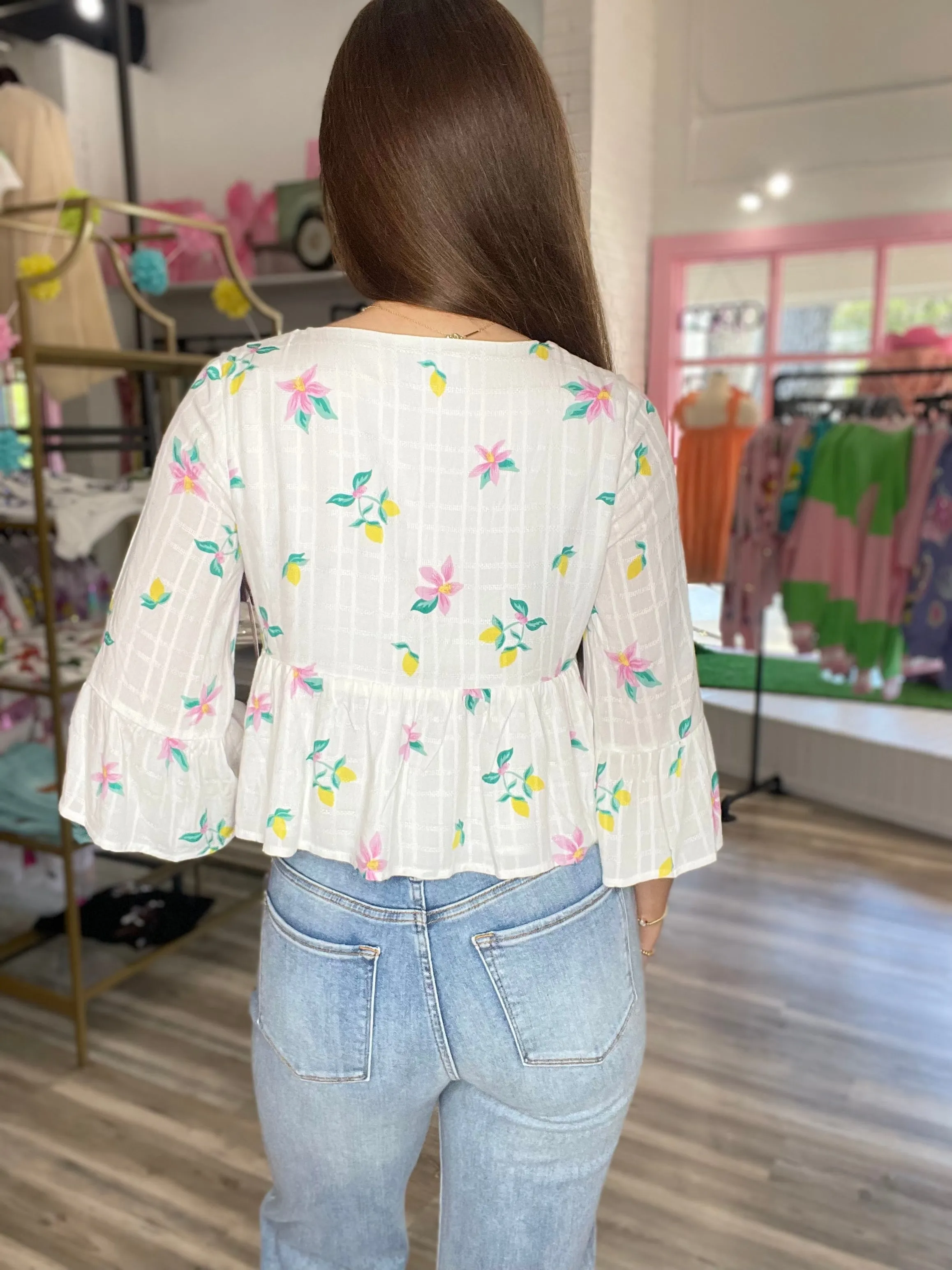 Spring Cleaning V Neck Peplum Top White Multi